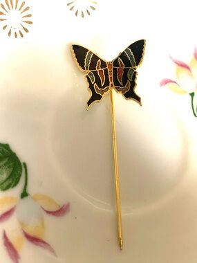Gold toned Butterfly Stick Pin with Black & Multicolor Enamel